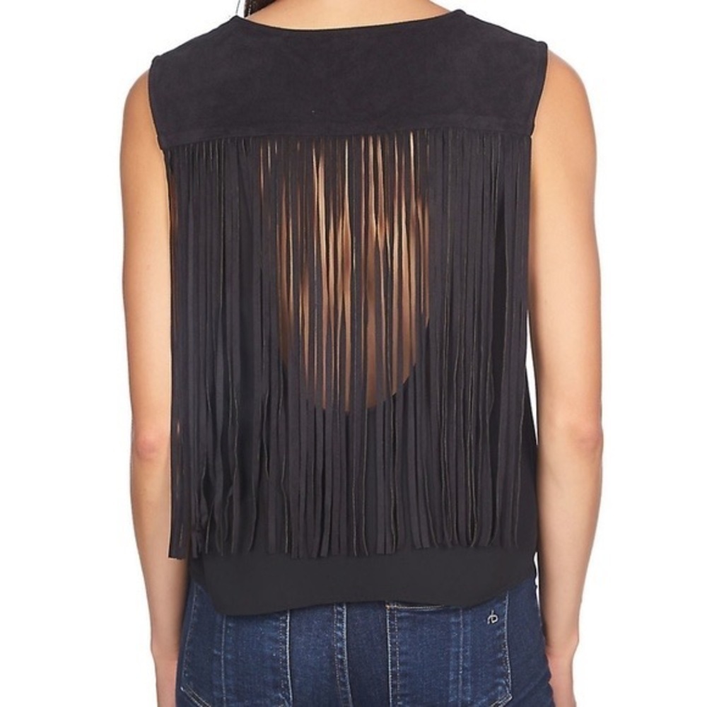 1. State Faux Suede Fringe Back Top